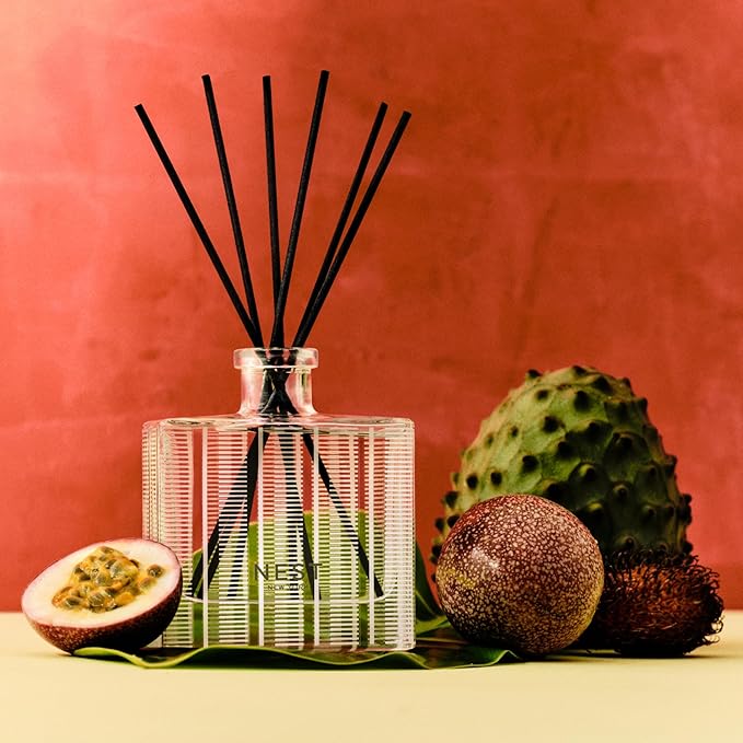 NEST New York Reed Diffuser, Something Tropical - 5.9 fl oz - Fragrance for Up to 90 Days - Reusable, Refillable Glass Holder - Includes 8 All-Natural Reed Sticks - Flame Free