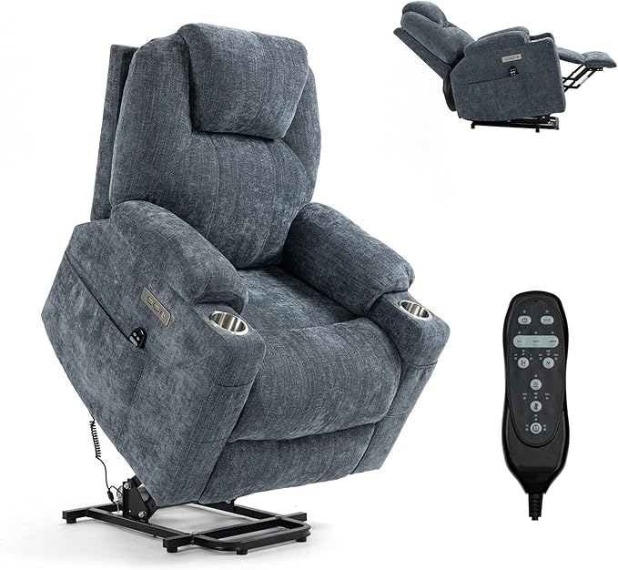 Electric Lift Recliner Chair, Overstuffed Zero-Gravity Recliner with Assisted Standing, Extra Wide Sofa with 8-Point Vibration Massage & Lumbar Heating, Medium-Soft, Blue