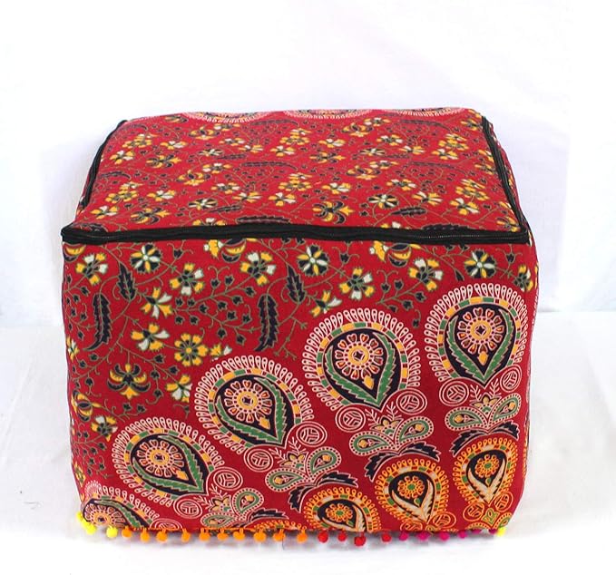 CRAFT KALA Large Hippie Mandala Meditation Floor Ottoman Pillow Cushion Pouf Cover Square Poufs Cover Bohemian Circle Floor Cushion Case Outdoor Fireplace Living Room Decor 18X18X14 inches, Red Mirchi