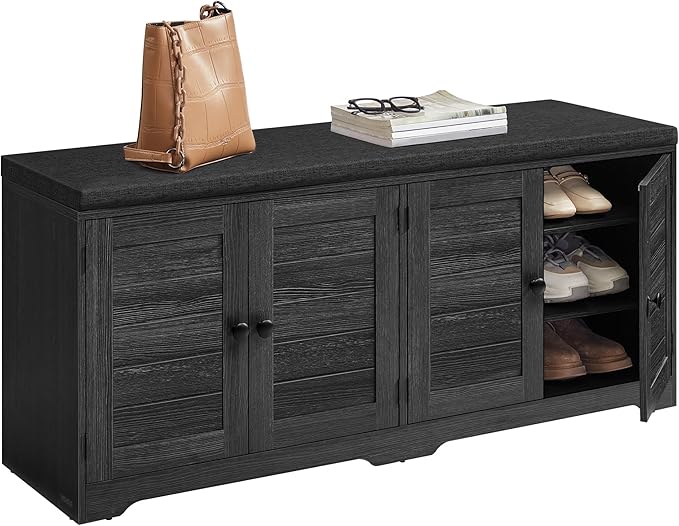 VASAGLE Shoe Storage Bench with Cushion, 3-Tier Entryway Bench with Padded Seat, Doors, Adjustable Shelves, 14 x 47.6 x 20.7 Inches, for Hallway, Bedroom, Charcoal Gray and Ink Black ULSB048BA01