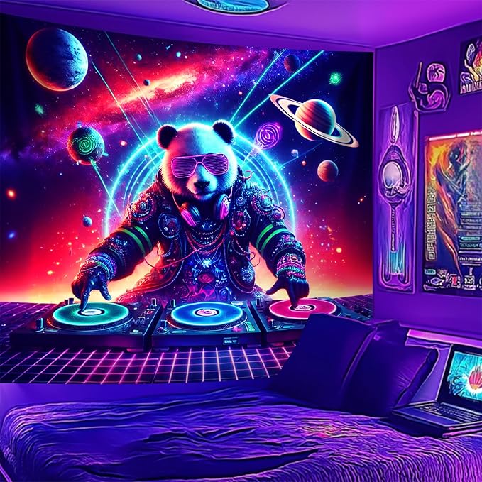 NYZE Blacklight Tapestry Panda Music Wall Tapestry Art Party Banner Colourful Poster Design Tapestries for Hip Hop College Dorm Room Bedroom Wall Decor 59in×51in