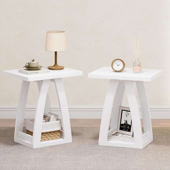 End Tables Living Room, Side Table Beside Sofa, Nightstand for Bedroom, Couch Side Table with Shelf, Modern End Table for Living Room, White End Table Set of 2