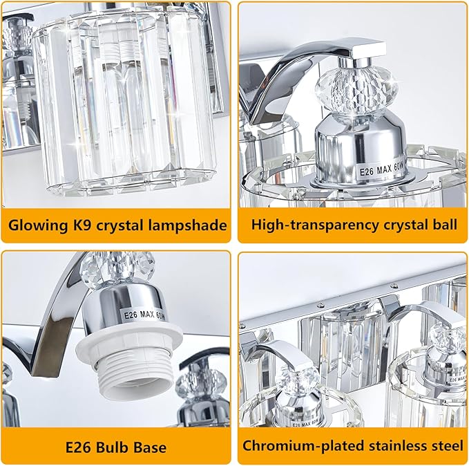 5-Light Modern Bathroom Light Fixture Chrome Vanity Lights Over Mirror Wall Sconce Lighting with K9 Crystal Shades Bathroom Wall Lamp E26 Base for Bedroom, Living Room, Hallway