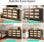 LINSY Rattan 9 Drawer Dresser for Bedroom, 58" Wide Mid-Century Modern Tall Chest of Drawers, Deep Storage Dresser with Curved Corner Design, Large Accent Wood Cabinet for Bedroom, Walnut