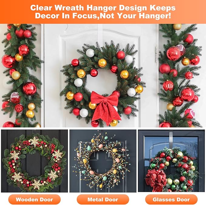 Wreath Hanger,12" Clear Wreath Hangers for Front Door Décor,3 Pack Easter Fall Wreath Door Hanger Hook,Non Scratch Over The Door Hooks for Hanging Christmas Wreath Decorations Clothes Outdoor Indoor