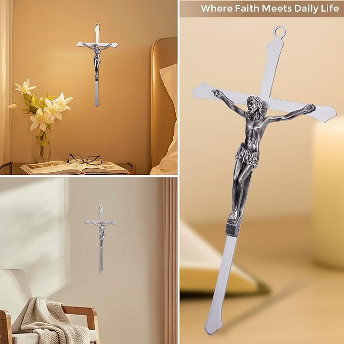 ACHIBANG 10" Metal Crucifix Wall Cross – Modern Catholic Silver Jesus Cross for Wall Decor, Christian Symbol of Faith