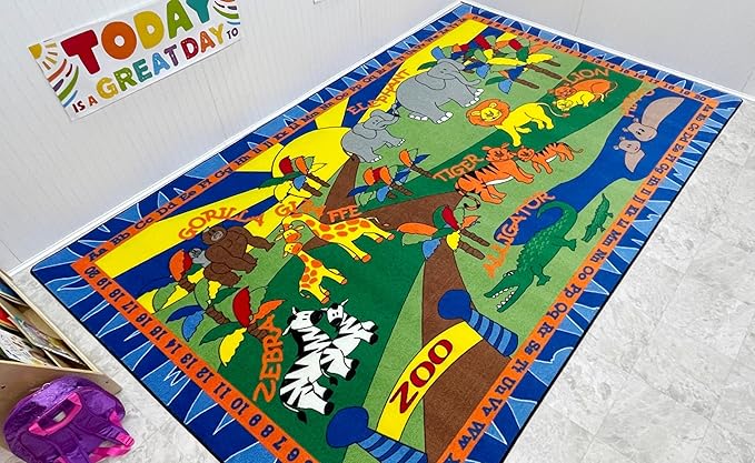 KIDCARPET.COM Animals at The Zoo Rectangle Classroom Rug | Bordered Area Rug for Preschool Daycare Learning, 7'6" x 12'