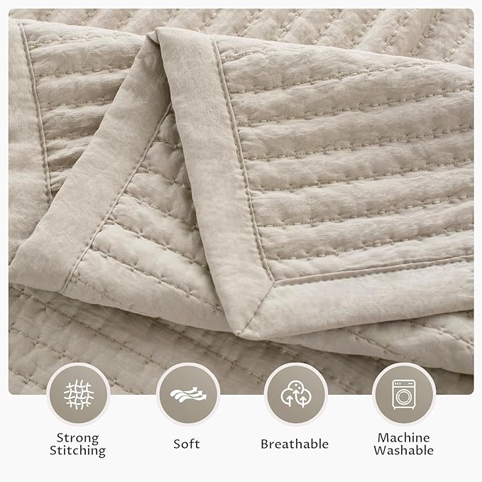 Kasentex WX1804-CML Quilt Mini Set-Stone Washed-Super Soft Bedspread-Light Weight-White Down Alternative Microfiber Fill-Machine Washable-Solid Colors, Twin + 2 Shams, Camel
