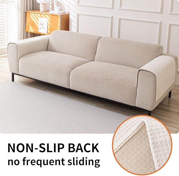 HAOMAIJIA Waterproof Sofa Arm Covers Set of 2 Non Slip Chair Arm Covers Chenille Washable Couch Arm Cover Furniture Protector (Cream White, 23.6" x 27" 2 Pack)
