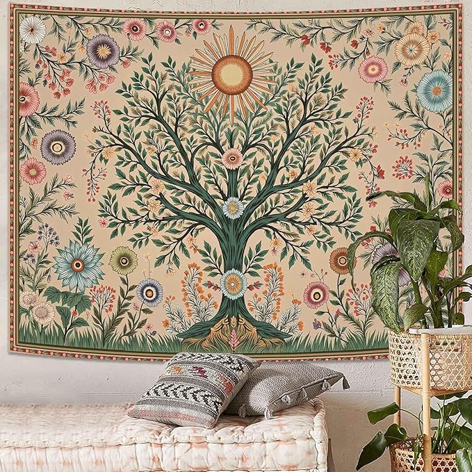 Lunerfex Chakra Tree Wall Tapestry - Celestial Sun & Floral Wall Hanging for Bedroom and Living Room - Boho Spiritual Decor Tapestries 80"x60"