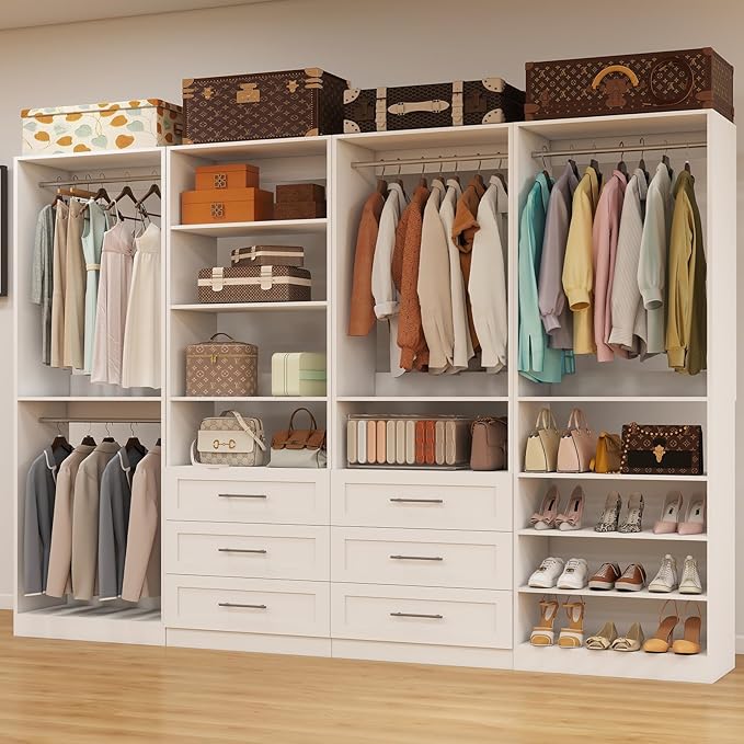Closet System with 4 Sets, Closet Organizer Systems with 6 Drawers & 8 Hanging Rods & Adjustable Shelves, Walk in Closet Freestanding Closet System Modular Closet System Set White