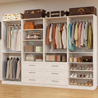 Closet System with 4 Sets, Closet Organizer Systems with 6 Drawers & 8 Hanging Rods & Adjustable Shelves, Walk in Closet Freestanding Closet System Modular Closet System Set White