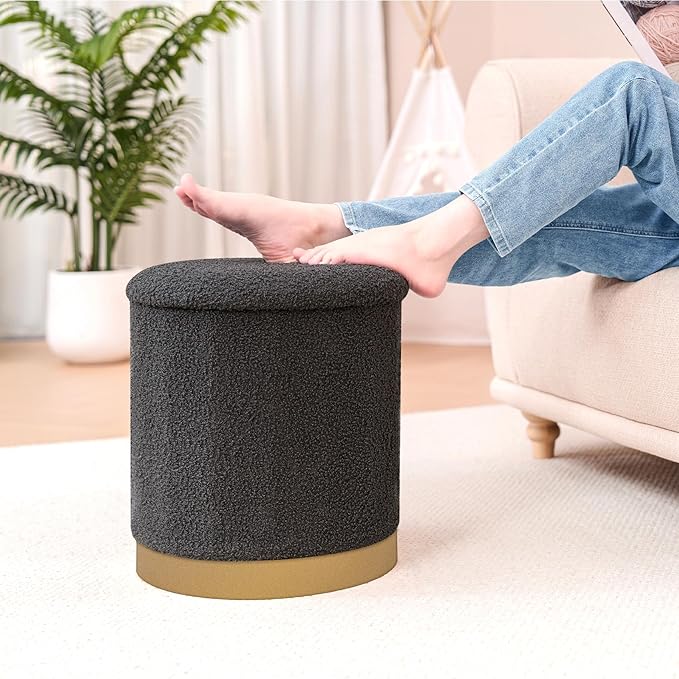 Round Storage Ottoman with Reversible Tray Top, 16.3" Boucle Ottoman Footrest Stool with Metal Base, Upholstered Vanity Stool with Storage for Living Room Bedroom, Dark Grey