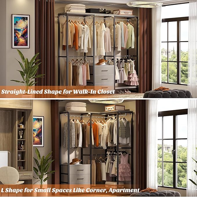 Aheaplus Garment Rack Heavy Duty Clothes Rack for Hanging Clothes,Clothing Rack with Drawers, Wood Stoarge Shelf Freestanding Closet Wardrobe Rack, Corner L Shaped Closet System Organizers, Grey