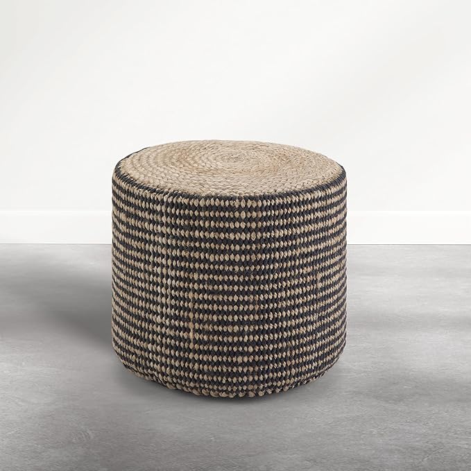SIMPLIHOME Larissa Round Pouf - 18 inch Wide Hand Braided Jute Ottoman in Sandy Natural/Ebony, Boho Footstool or Extra Seating for Living Room or Kids Room with Polystyrene Bead Filling, Assembled