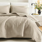 Comfort Spaces King Quilt Set Modern Reversible Plaid Coverlet King Bedding Set Cozy Quilted Winter Layer, All Season Lightweight Soft King Size Quilt, Kienna, Cal King Beige 3 Piece