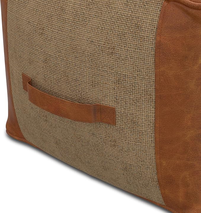 SIMPLIHOME Atkinson Boho Square Pouf in Tan Genuine Leather for the Living Room, Bedroom and Kids Room