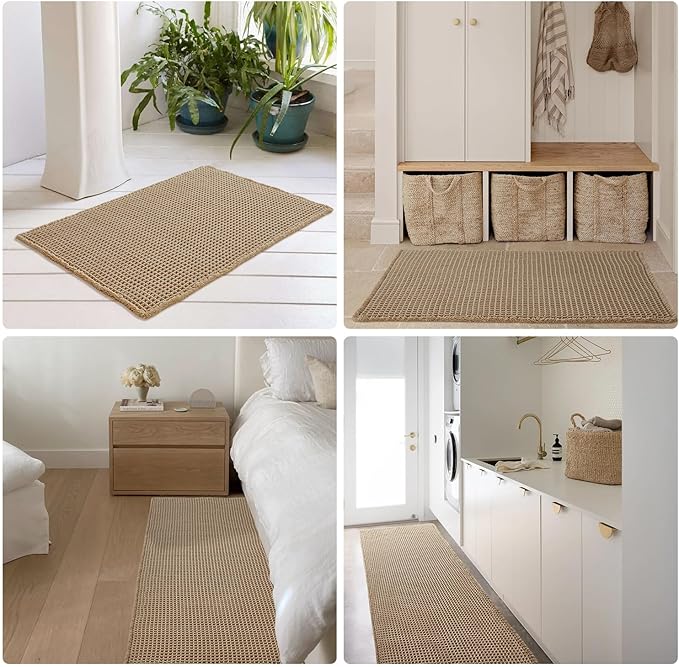 Cream White Long Bathroom Rugs, Waffle Runner Rug Bathroom Non Slip Washable Super Absorbent Quick Dry Boho Farmhouse Bath Mat, 72"x24" Cream White