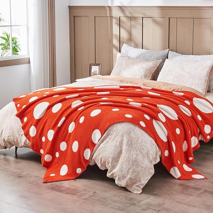 CozeCube Super Soft Fullfy Microfiber Reversible Knitted Blankets, Warm Cozy Fuzzy Plush Throw, Orange red and White Polka Dot Throw Blanket for Couch Bed Sofa, 50" x 60"