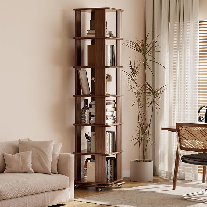 Solid Wood Rotating Bookshelf, 6-Tier Rolling Book Shelf，360 Degree Revolving Bookcase，Spinning Bookshelf Tower for Small Spaces, Corner, Bedroom，Office，Living Room，Classroom （Walnut）