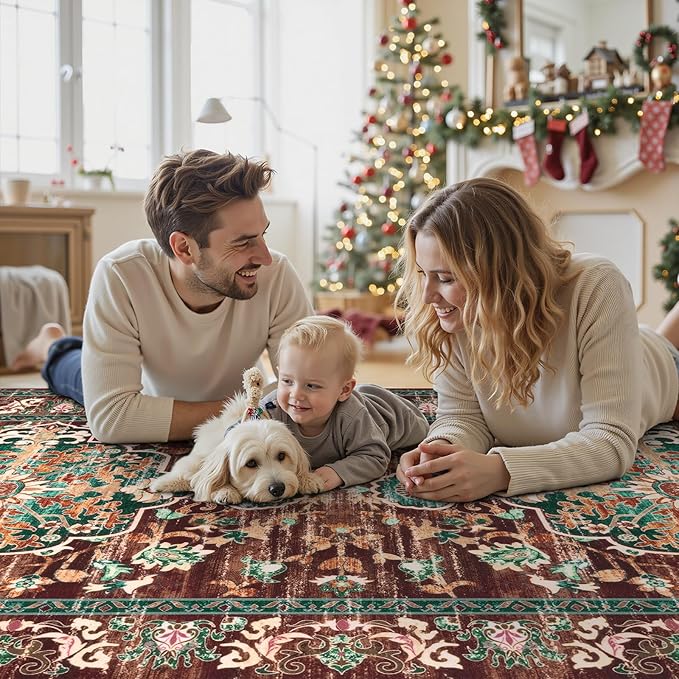 U'Artlines 3' x 16' Boho Hallway Runner Rug, Rust Non Slip Washable Vintage Farmhouse Accent Rug Carpet for Kitchen Entryway Laundry and Living Room (Rust＆Teal)