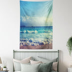 Ambesonne Tropical Island Tapestry, Ocean Waves on Seychelles Beach at the Sunset Time Skyline, Fabric Wall Hanging Decor for Bedroom Living Room Dorm, 30" X 45", Turquoise Sky Blue Umber
