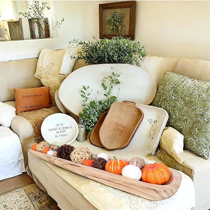Athaliah Wooden Dough Bowl, 40 Inch Hand Carved Rustic Long Wood Dough Bowls for Decor, Vintage Decorative dough bowl for Table Centerpiece Dining Room Home Kitchen Decor