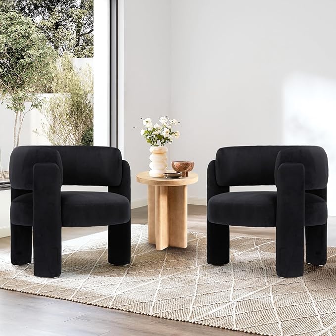 COLAMY Modern Velvet Accent Chairs Set of 2, Upholstered Barrel Chairs, Comfy Side Arm Chairs with 3 Legs for Living Room, Bedroom, Reading, Black
