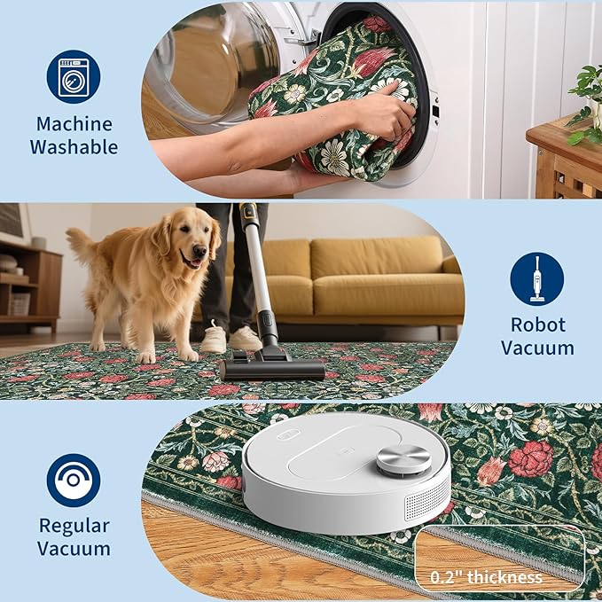 GarveeHome Green Vintage Floral 2x6 Runner Rug Washable Kitchen Rugs Non Slip Boho Long Rug for Hallways Bedroom Entryway Bathroom Mat with Rubber Back