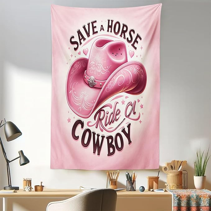 Ambesonne Funny Tapestry, Humorous Feminine Design with Hat and Save a Horse Ride a Cowboy Lettering, Fabric Wall Hanging Decor for Bedroom Living Room Dorm, 30" X 45", Pink and Seal Brown