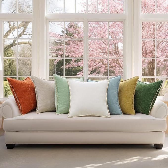decorUhome Spring Chenille Soft Cozy Throw Pillow Covers 16x16 Set of 2, Modern Farmhouse Boho Velvet Decorative Pillow Cases with Stitched Edge for Couch Sofa Bed Home Decor, Neutral Gray