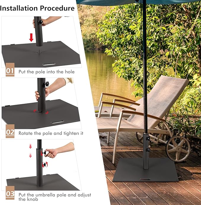 Giantex 50 lbs Umbrella Base - 24 inch Square Umbrella Stand with 2 Rollers, Heavy Duty Steel Umbrella Base Weight for 1.6''-1.9'' Poles, 2 Knobs, Patio Umbrella Holder for Garden Deck Poolside, Black