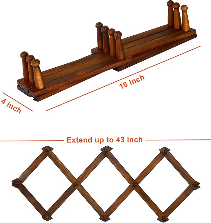 Dseap Accordian Wall Hanger: 16” High Wooden Wall Expandable Coat Rack, Hat Rack Holder, Accordion Hook for Baseball Caps, Coats, Mugs, 10 Peg Hooks, Brown