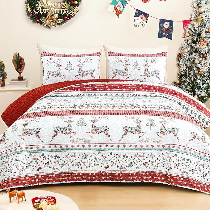 Exclusivo Mezcla Reversible Christmas Quilts Twin Size, Red Bedspread Lightweight Coverlet Winter Quilt Bedding Set with Printed Striped Flowers Reindeer Pattern (1 Quilt, 1 Pillow Sham)
