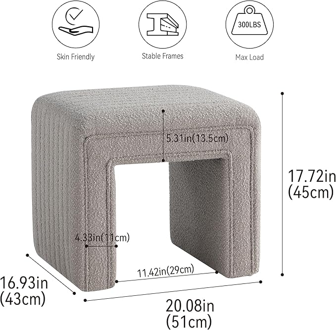 Get Set Style Vanity Stool Chair,Modern Boucle Ottoman Foot Stool with Wooden Legs Sofa Bench Footstool Extra Seat for Vanity,Makeup Room,Living Room,Entryway,Office (Fully Assembled) (Taupe)