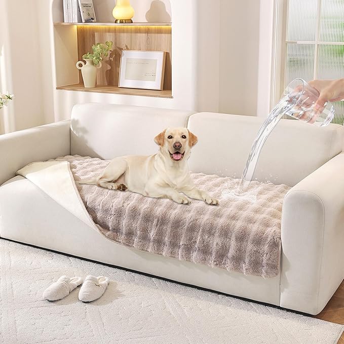 Waterproof Dog Bed Cover Non Slip Couch Cover for Dogs Washable Soft Faux Fur Sofa Cover Couch Covers for 3 Cushion Couch Sofa Pet Friendly (Khaki)