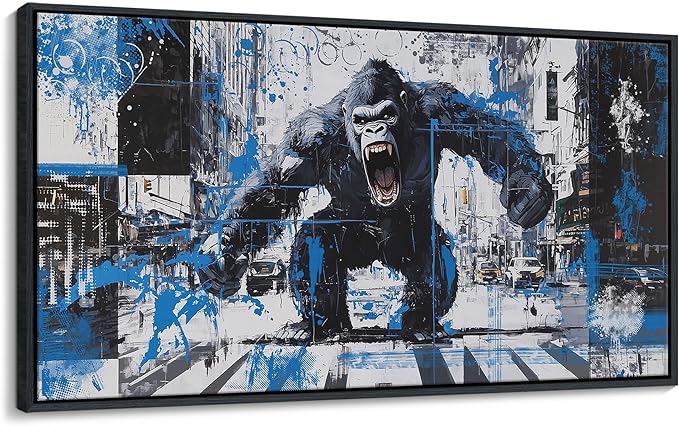 JEAWA Canvas Framed Wall Art, Large 24x48 IN Angry Gorilla Abstract City Street Graffiti Pop Paintings Black and White Modern Picture for Living Room Bedroom Men Teenage Study Home Office Decor