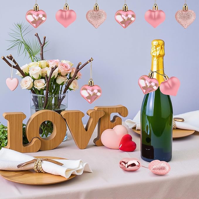 Valentines Day Heart Ornaments, 24Pcs Hanging Heart Ornaments, Glitter Rose Gold Heart-Shaped Baubles for Outdoor Wedding Anniversary Mother's Day Romantic Galentines Valentines Day Party Decoration