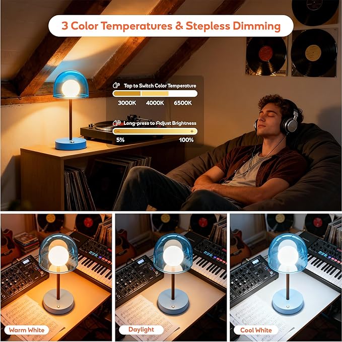 Nordic Bedside Lamp, LED Rechargeable Small Table Lamp with 3CCT & Stepless Dimming, Battery Powered Small Table Light for Bedroom Desk and Decor (Sky Blue)