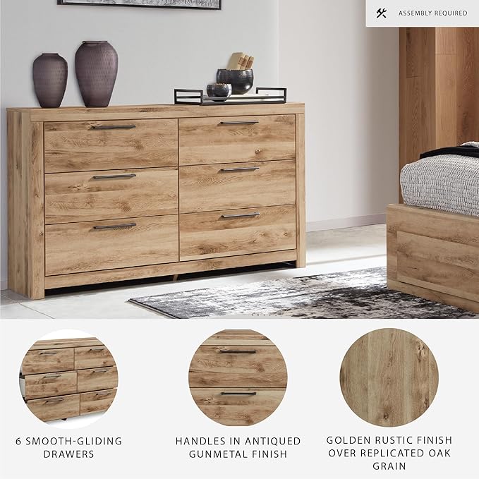 Signature Design by Ashley Hyanna Mid-Century Modern 6 Drawer Dresser, Light Brown & Beige