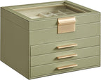 SONGMICS GISELLA Collection - Jewelry Box Organizer, 4-Layer Jewelry Storage with 3 Drawers, Shiny Metal Hardware, Glass Lid, Modern, 8 x 9.1 x 6.5 Inches, Avocado Green and Gold Color UJBC173C02