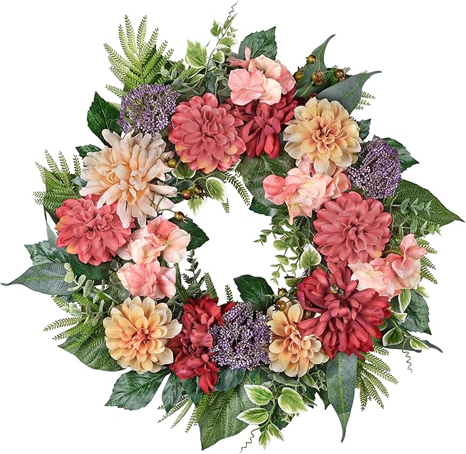 24-Inch Spring Wreath for Front Door with Hydrangeas Dahlias Daisy Silk Flowers and Berry Greenery for All Seasons Indoor Outdoor Wedding Farmhouse Porch Wall Living Room Home Wedding Decor