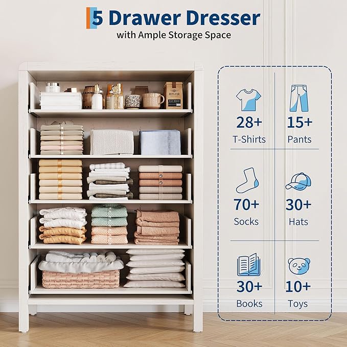 IDEALHOUSE Dresser for Bedroom with 5 Drawers, White Chest of Drawers with Storage, Tall Nightstand with Metal Handles, Side End Table, Accent Storage Cabinet for Living Room, Entryway