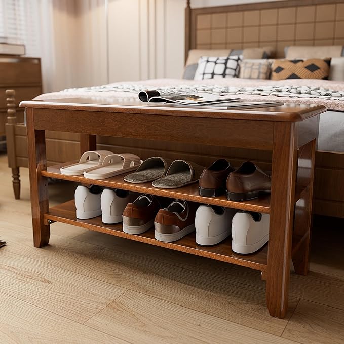 Shoe Storage Bench for Entryway - 3 Tier Shoe Rack for Front Door Entrance, Rubberwood Shoe Rack with Bench Height Adjustable, Entryway Bench with Shoe Storage for Any Room (Walnut, 31.5" W)