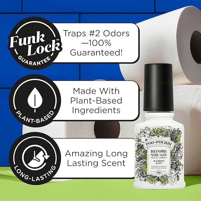 Poo-Pourri Before-You-Go Toilet Spray, Bamboo Rain, 2 Fl Oz, Up to 100 Uses, Bathroom Odor Deodorizer with Essential Oils for Home or Work, Travel Essentials, TSA Approved Size, Bamboo & Fresh Grass