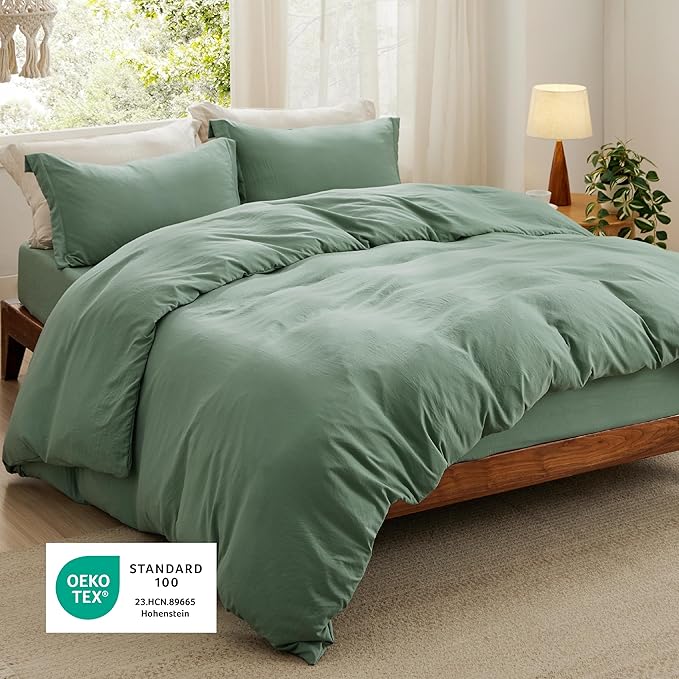 Bedsure Duvet Cover King Size with Fitted Sheet - 4 Pieces Prewashed Cotton-Like Extra Soft Bedding Set, Includes 1 Duvet Cover 104x90 Inches, 2 Pillow Shams, 1 Fitted Sheet, Sage Green