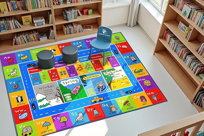 Booooom Jackson ABC Rug Kids Rug Educational Rugs Non-Slip Kids Carpet with Alphabet, Number Mat for Children, Baby, Toddler Play, 4'11'' x 6'67''