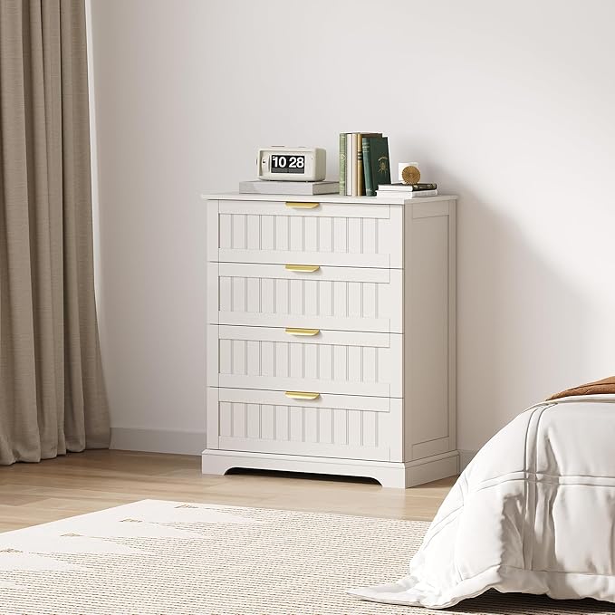 4 Wooden Drawer Dresser for Bedroom Storage, Modern Farmhouse Wood Chest of Drawers with Metal Handles, Wide Storage, Cabinet for Closet, Living Room, or Entryway White