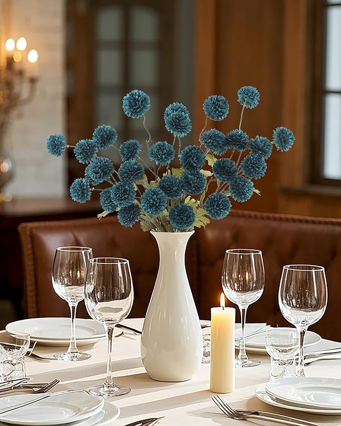 DuHouse 6pcs Artificial Flowers Faux Silk Pompon Mum,Silk Small Mini Chrysanthemum Ball with Stems for DIY Bouquets Centerpieces Vase Home Table Kitchen Decorations(Peacock Blue)
