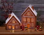 Mark Feldstein & Associates Ceramic Iced Gingerbread Houses Holiday Pre Lit LED Village Figurines, Set of 2, 9 Inch